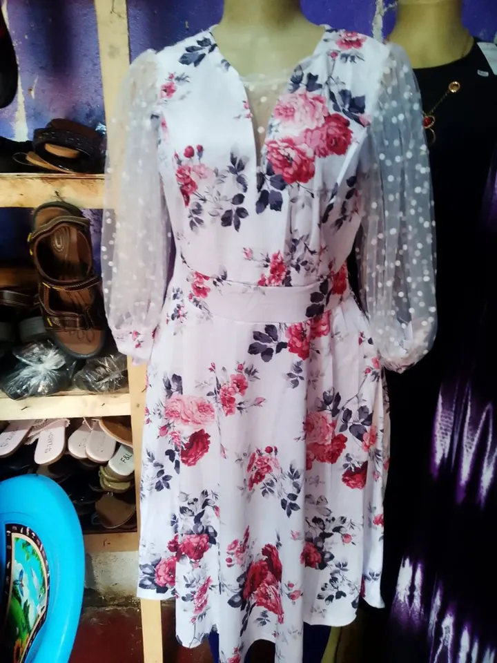 Floral Dress with Mesh Sleeves - Clothes at Uncle G Mart Kilimani